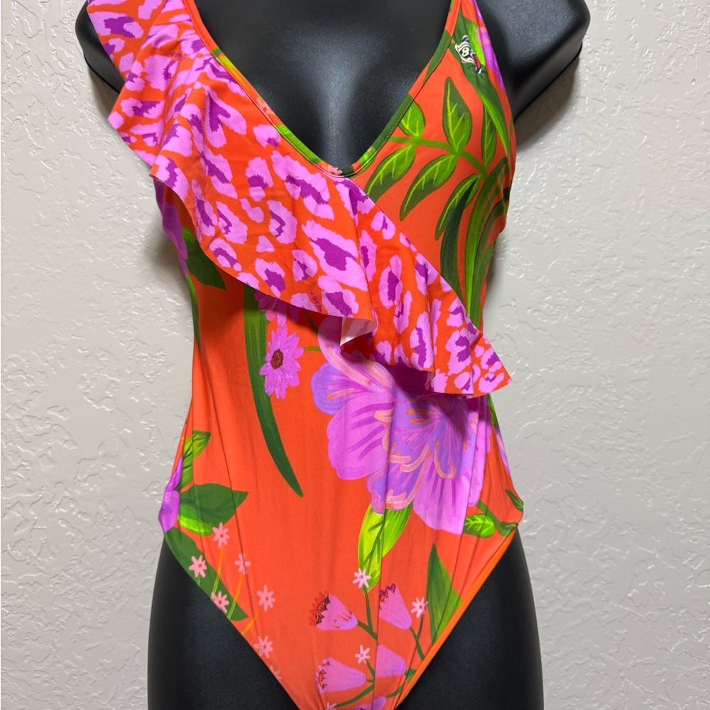 FARM Rio Orange One-Piece with Pink Floral Ruffle - Picture 2 of 10